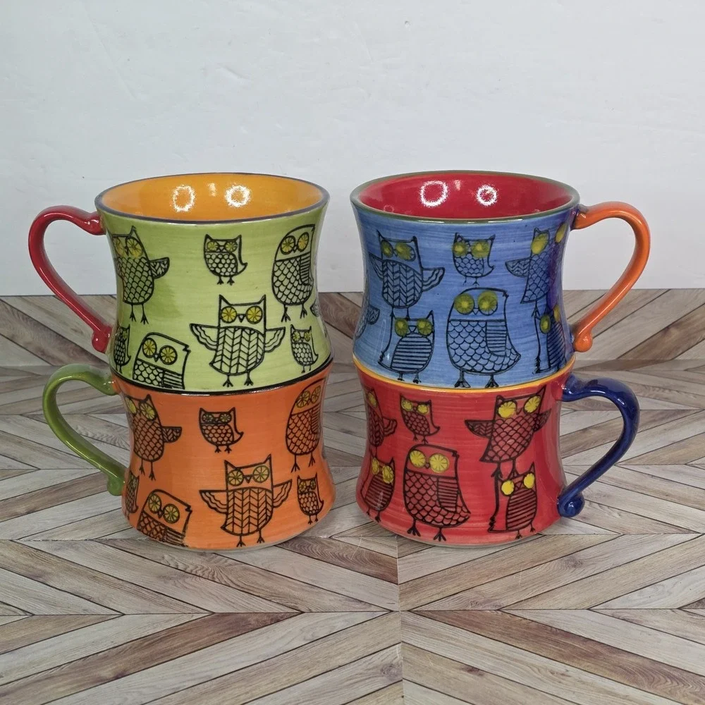 Pier 1 Imports Handpainted Owl Stacked Coffee Tea Mugs Cups Set of 4